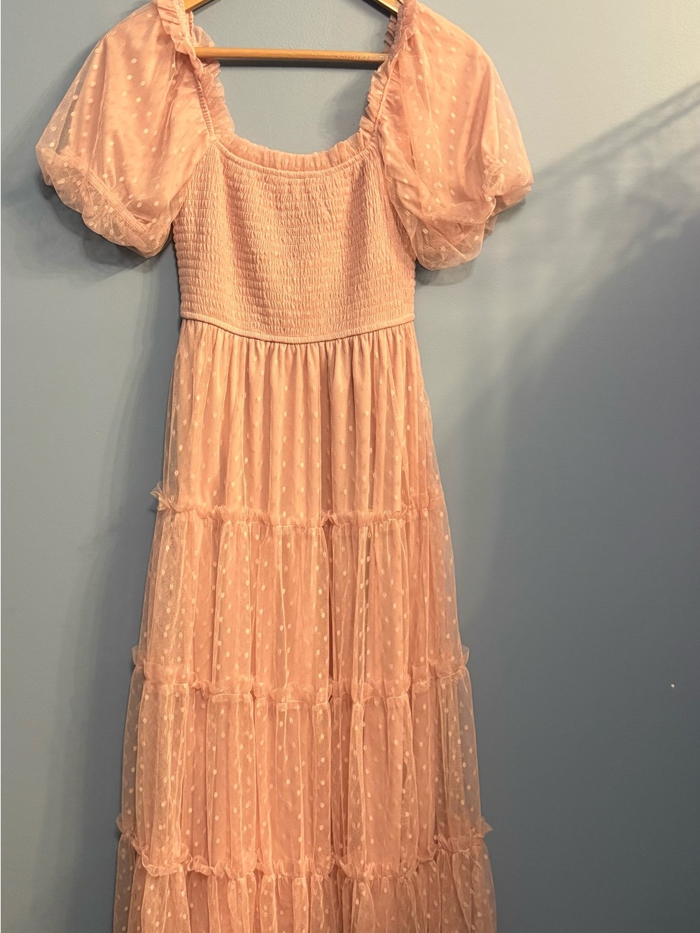 Women’s Pink Dot Mesh Tiered Dress - Charming Puff Sleeve Design